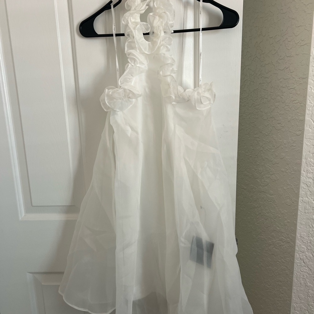 Lulu's White Halter Organza Ruffled Mini Dress